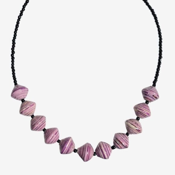 Bead For Life Necklace Paper Glass Beaded Purple Black Handmade Artisan Uganda - Picture 2 of 8